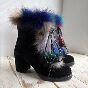 Stuart Weitzman Yukon Booties black suede leather ranit fur trim heels boots 9.5